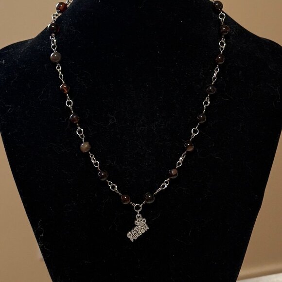 Genuine Dark Brown Agate Necklace, Natural Gemstone & Cat Person Paw Print Charm - Picture 2 of 14